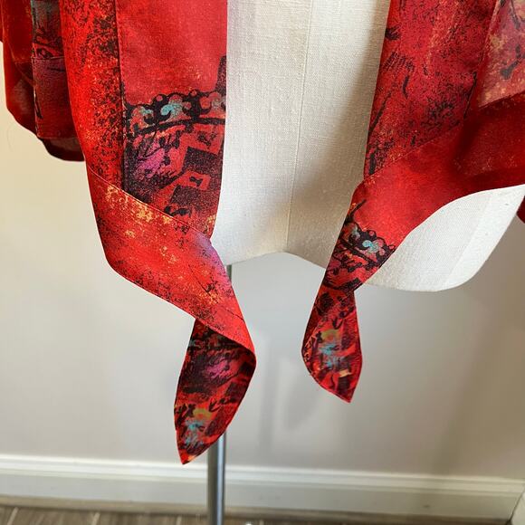 Chico’s 100% Silk Front Tie Kimono Jacket Size 2 L/12 NWT Boho Art Print - Picture 6 of 8